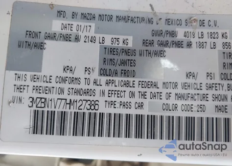 2017 Mazda Mazda3 Touring from USA, damaged, VIN 3MZBN1V77HM127386